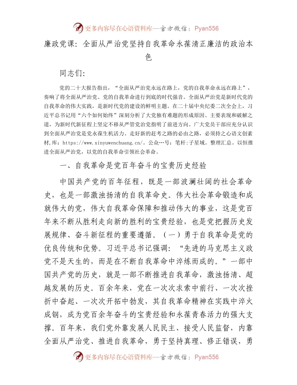 廉政党课：全面从严治党坚持自我革命永葆清正廉洁的政治本色.docx_第1页