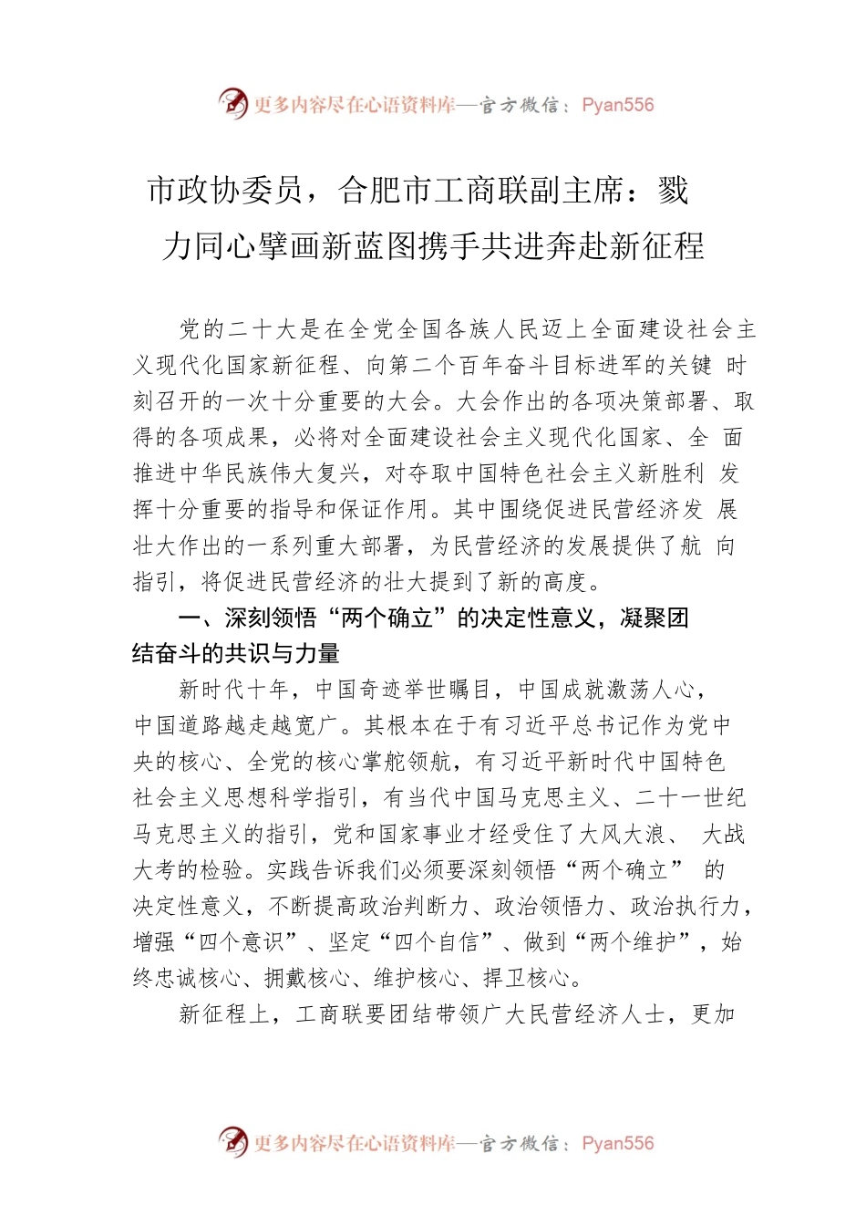 市政协委员，合肥市工商联副主席：戮力同心擘画新蓝图  携手共进奔赴新征程（20221111）.docx_第1页