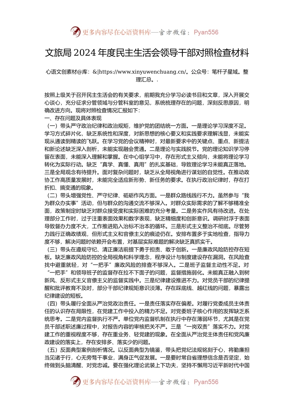 文旅局2024年度民主生活会领导干部对照检查材料.docx_第1页