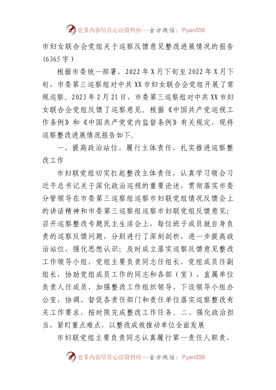 市妇联合会党组关于巡察反馈意见整改进展情况的报告.docx_第1页