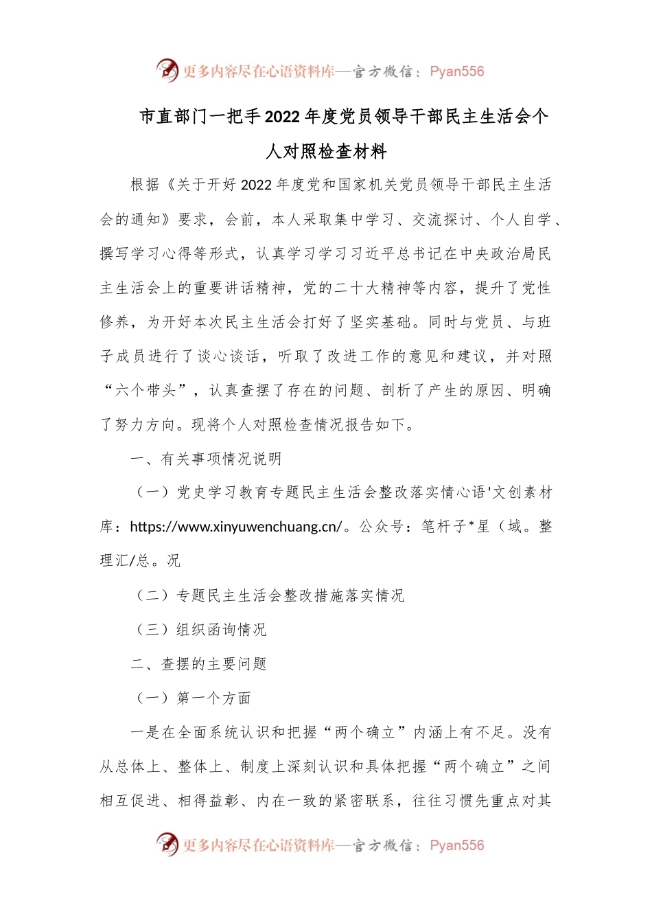 市直部门一把手2022年度党员领导干部民主生活会个人对照检查材料.docx_第1页
