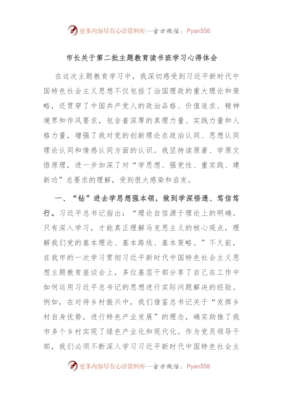 市长关于第二批主题教育读书班学习心得体会.docx_第1页
