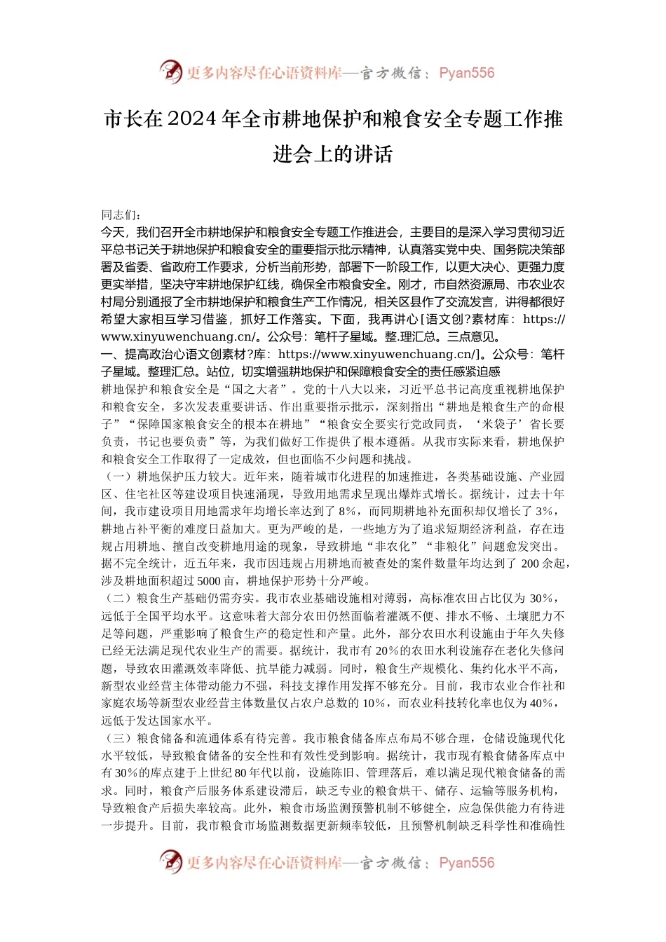 市长在2024年全市耕地保护和粮食安全专题工作推进会上的讲话.docx_第1页