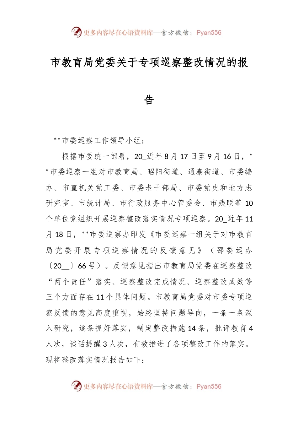 市教育局党委关于专项巡察整改情况的报告.docx_第1页