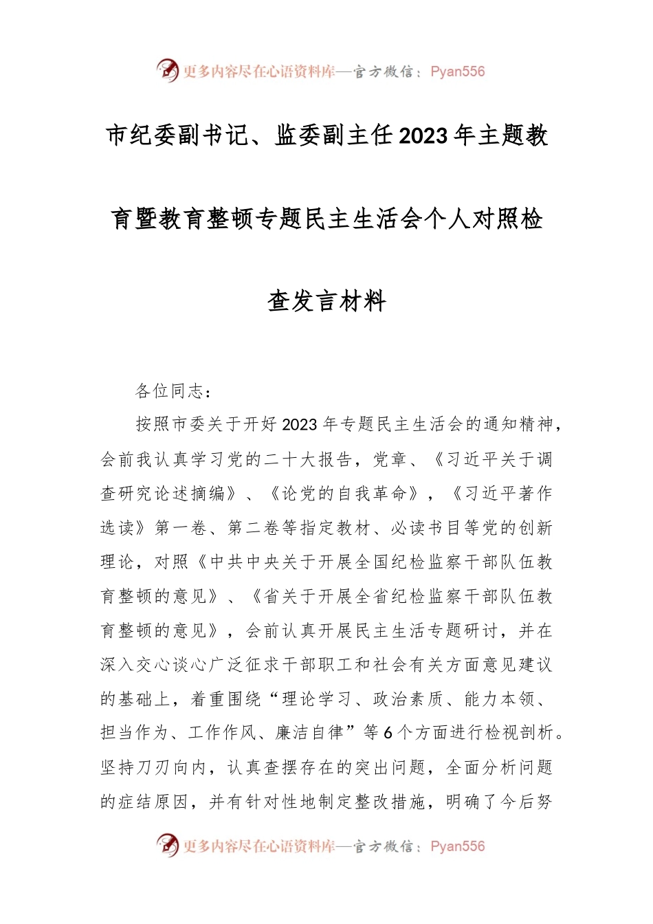 市纪委副书记、监委副主任2023年主题教育暨教育整顿专题民主生活会个人对照检查发言稿材料.docx_第1页