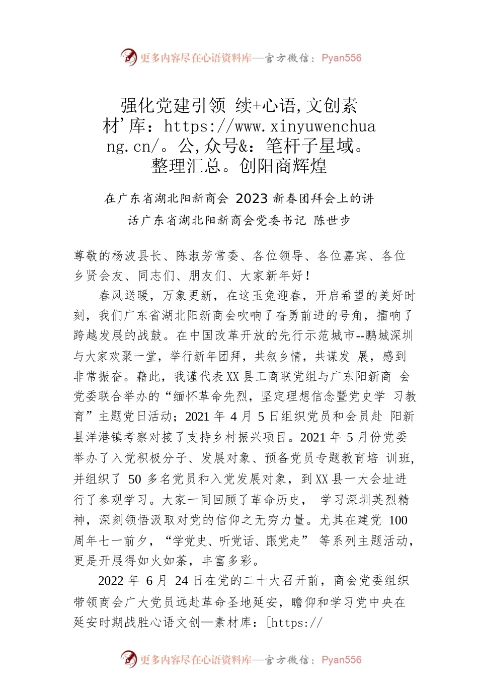 广东省湖北阳新商会党委书记陈世步：在广东省湖北阳新商会2023新春团拜会上的讲话（20230209）.docx_第1页