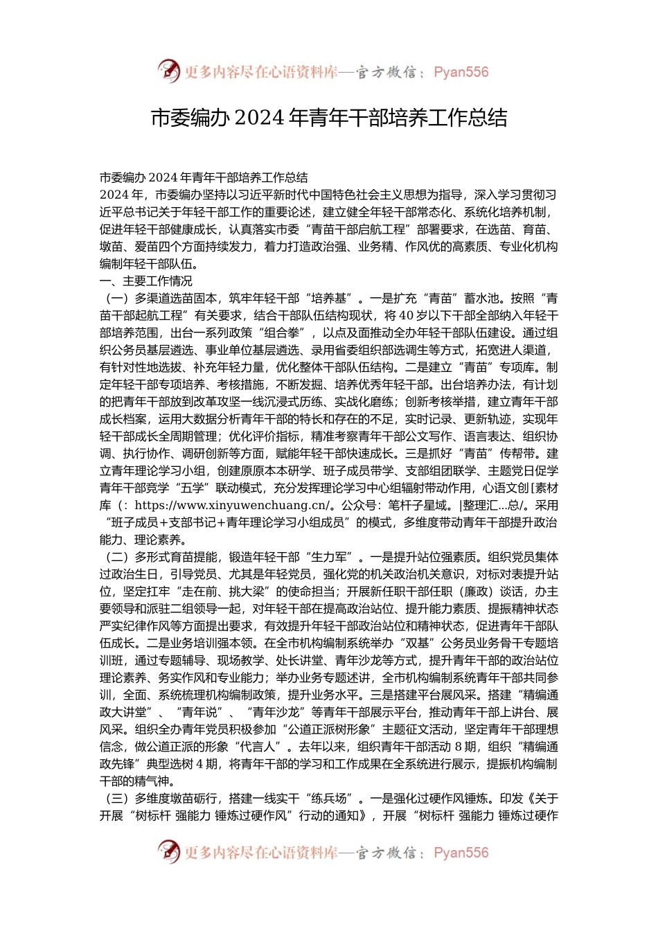 市委编办2024年青年干部培养工作总结.docx_第1页