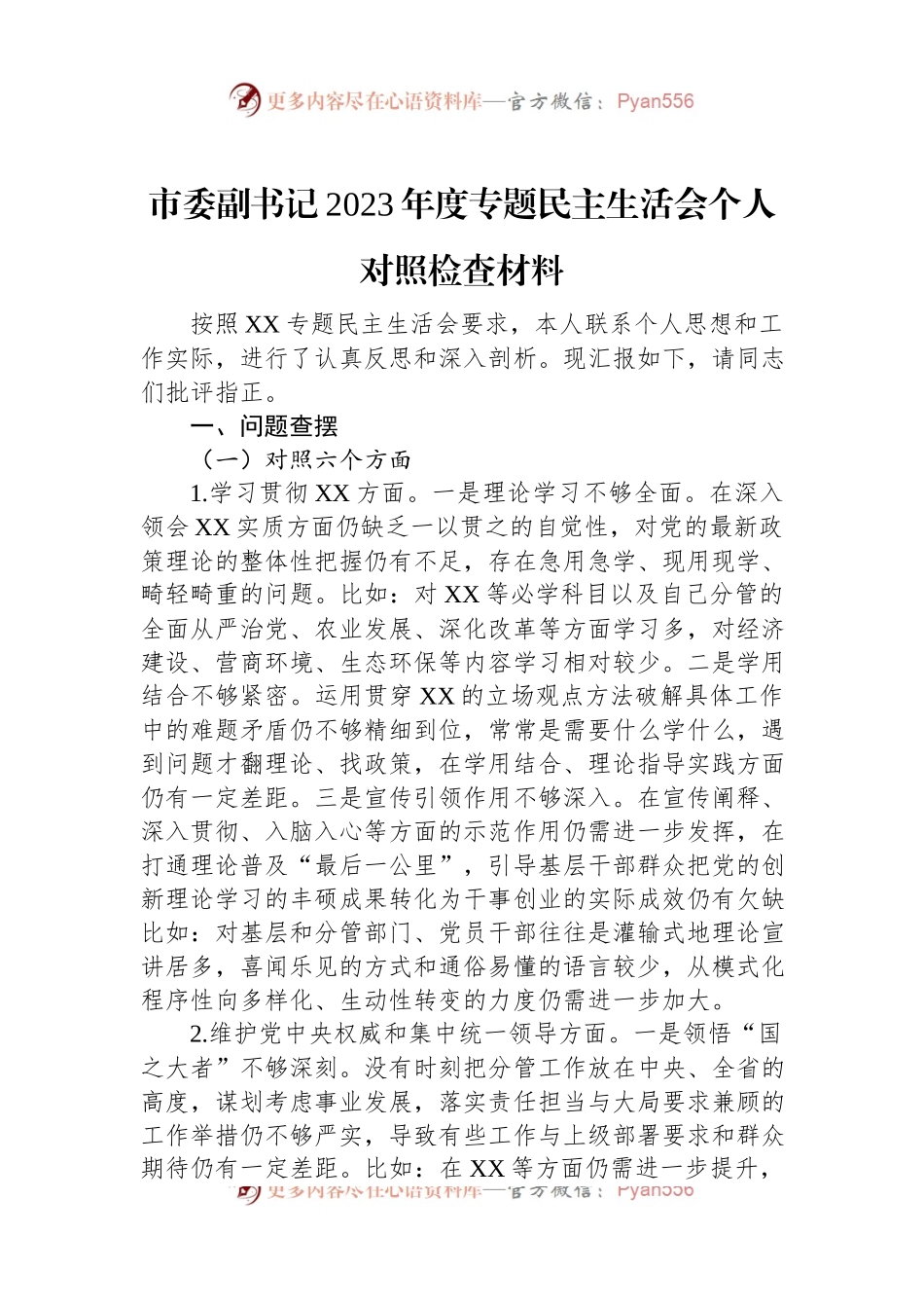 市委副书记2023年度主题教育民主生活会个人对照检查材料.docx_第1页