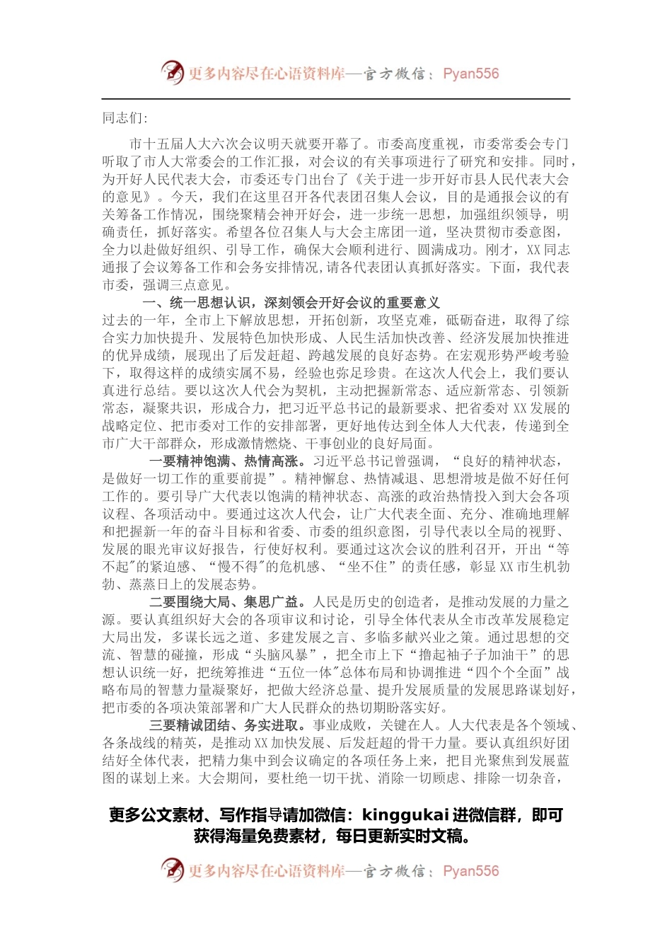 市委书记在人代会各代表团召集人会议上的讲话.docx_第1页