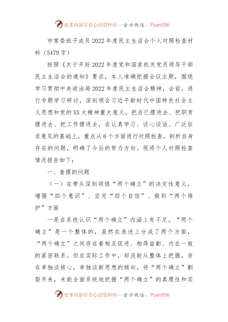 市常委领导2022年度民主生活会个人对照检查材料.docx_第1页