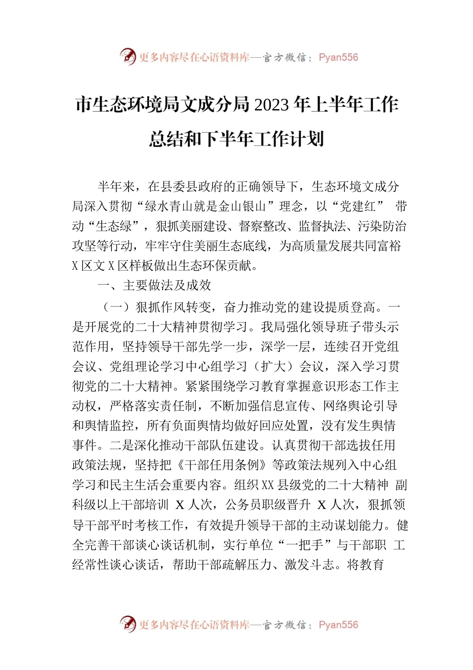 市生态环境局文成分局2023年上半年工作总结和下半年工作计划（20230707）.docx_第1页