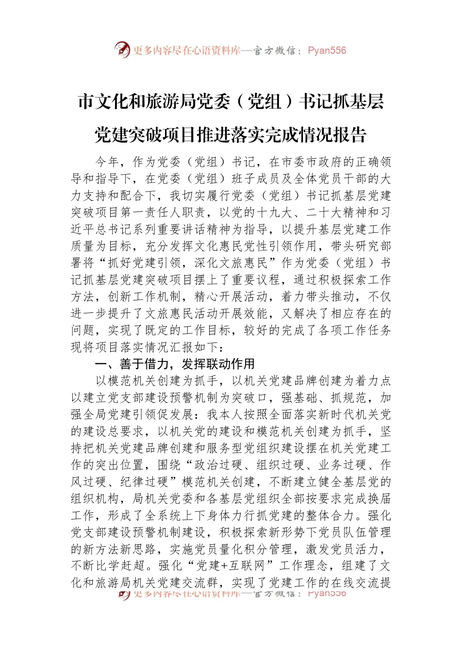 市文化和旅游局党委（党组）书记抓基层党建突破项目推进落实完成情况报告.docx_第1页