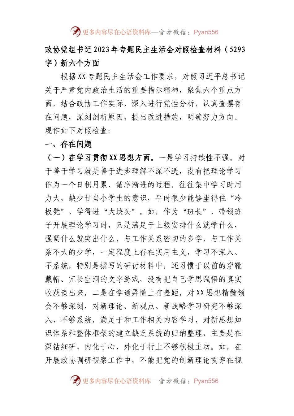 政协党组书记2023年专题民主生活会对照检查材料（践行宗旨等6个方面）(1).docx_第1页