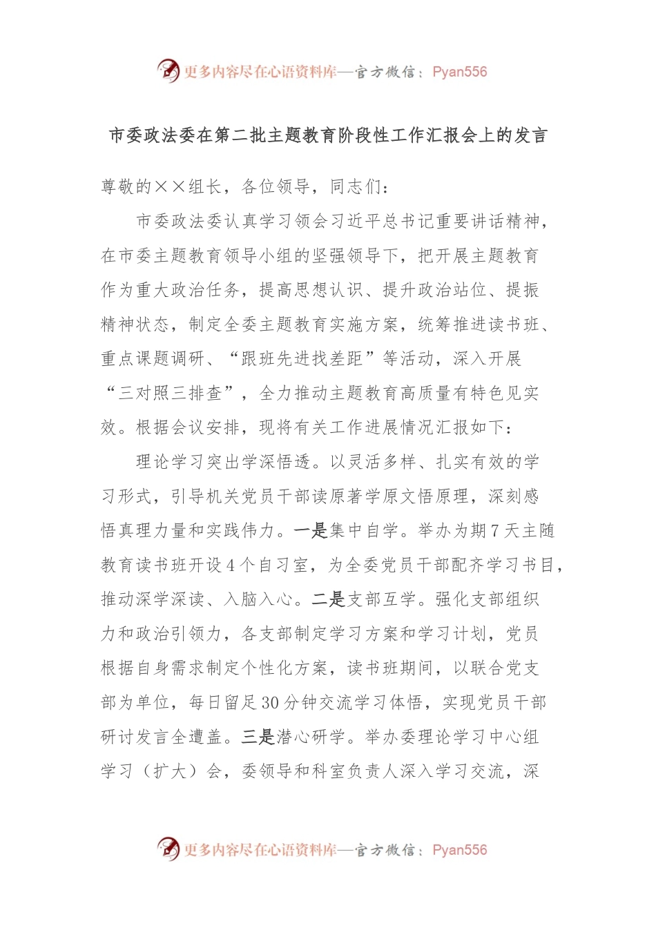 市委政法委在第二批主题教育阶段性工作汇报会上的发言.docx_第1页