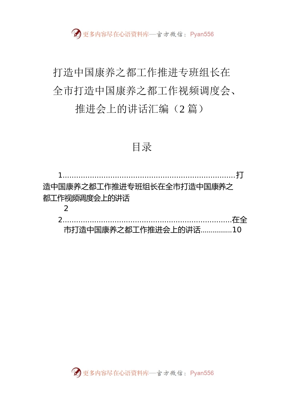 打造中国康养之都工作推进专班组长在全市打造中国康养之都工作视频调度会、推进会上的讲话汇编（2篇）.docx_第1页