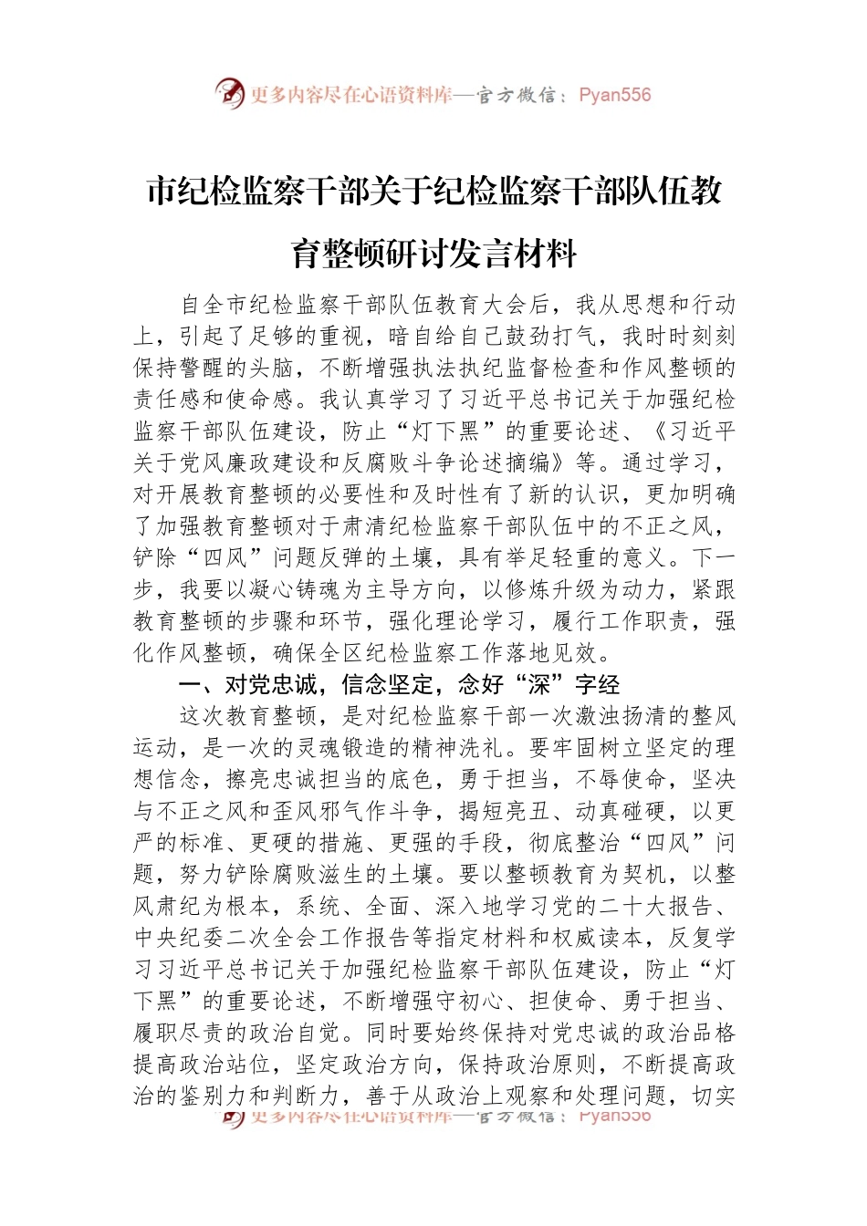 市纪检监察干部关于纪检监察干部队伍教育整顿研讨发言材料.docx_第1页