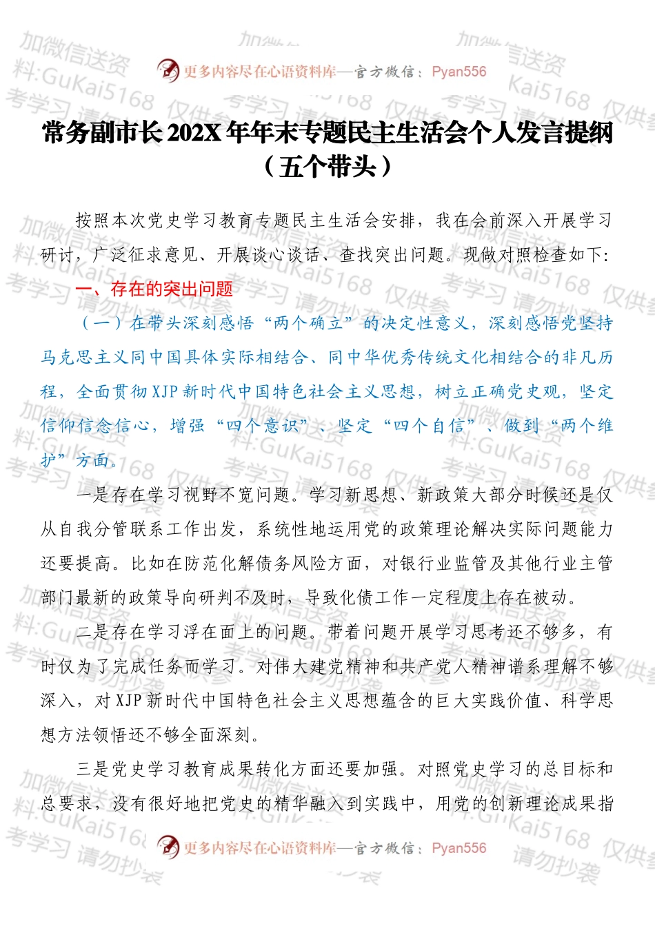 常务副市长202X年年末专题民主生活会个人发言提纲（五个带头）.docx_第1页