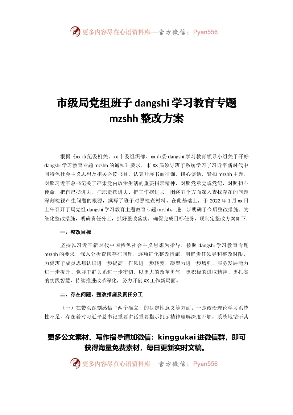 市级局党组班子党史学习教育专题民主生活会整改方案.docx_第1页