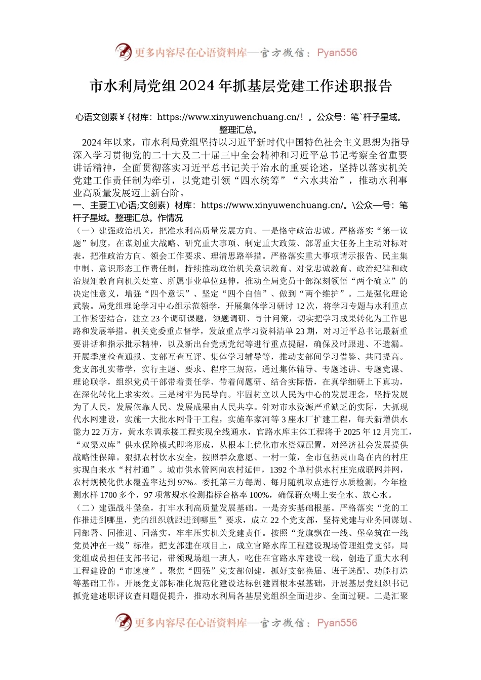 市水利局党组2024年抓基层党建工作述职报告.docx_第1页