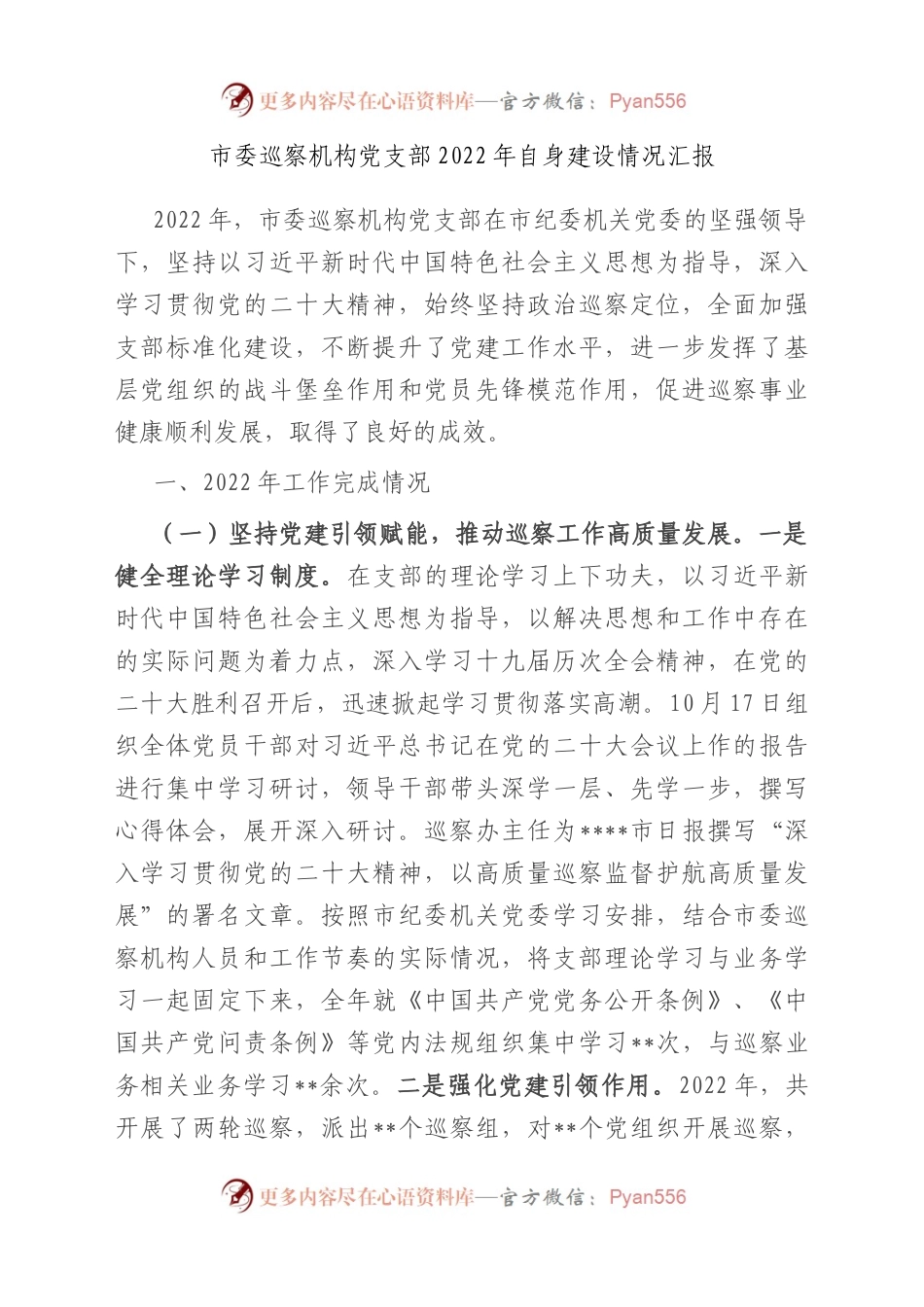 市委巡察机构党支部2022年自身建设情况汇报.docx_第1页