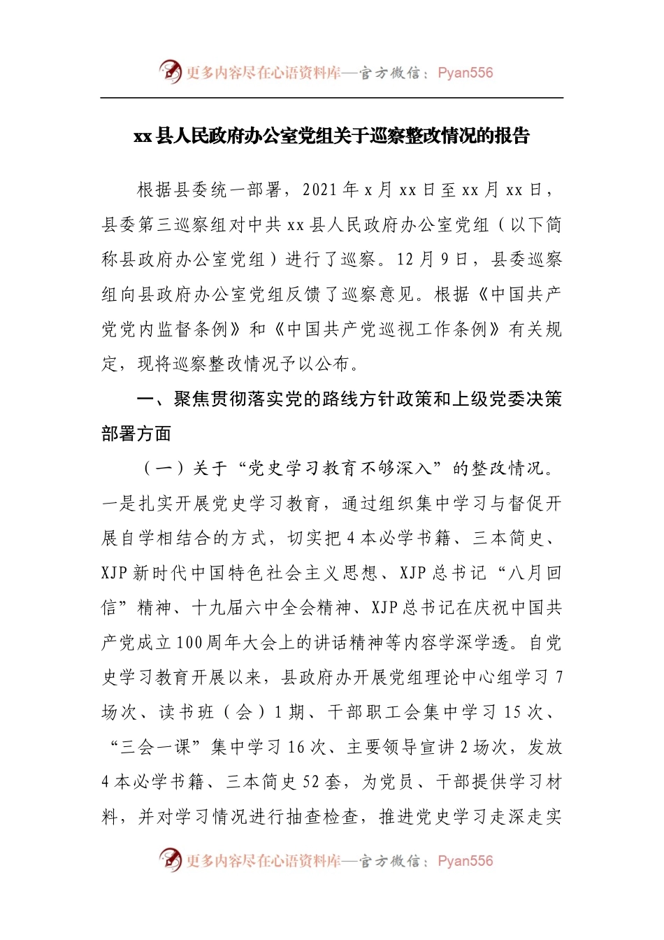 政府办公室党组关于巡察整改情况的报告.docx_第1页