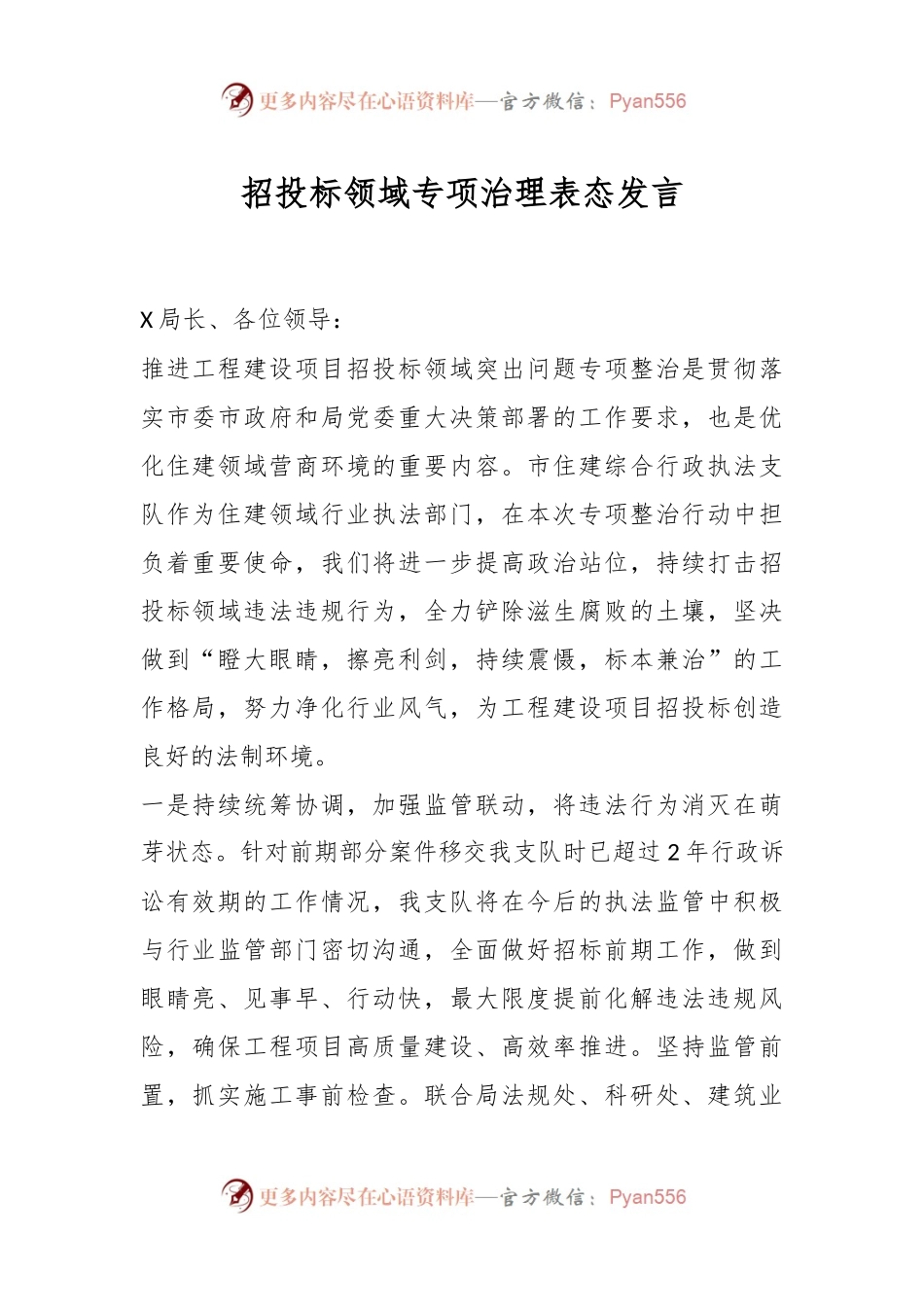 招投标领域专项治理表态发言.docx_第1页