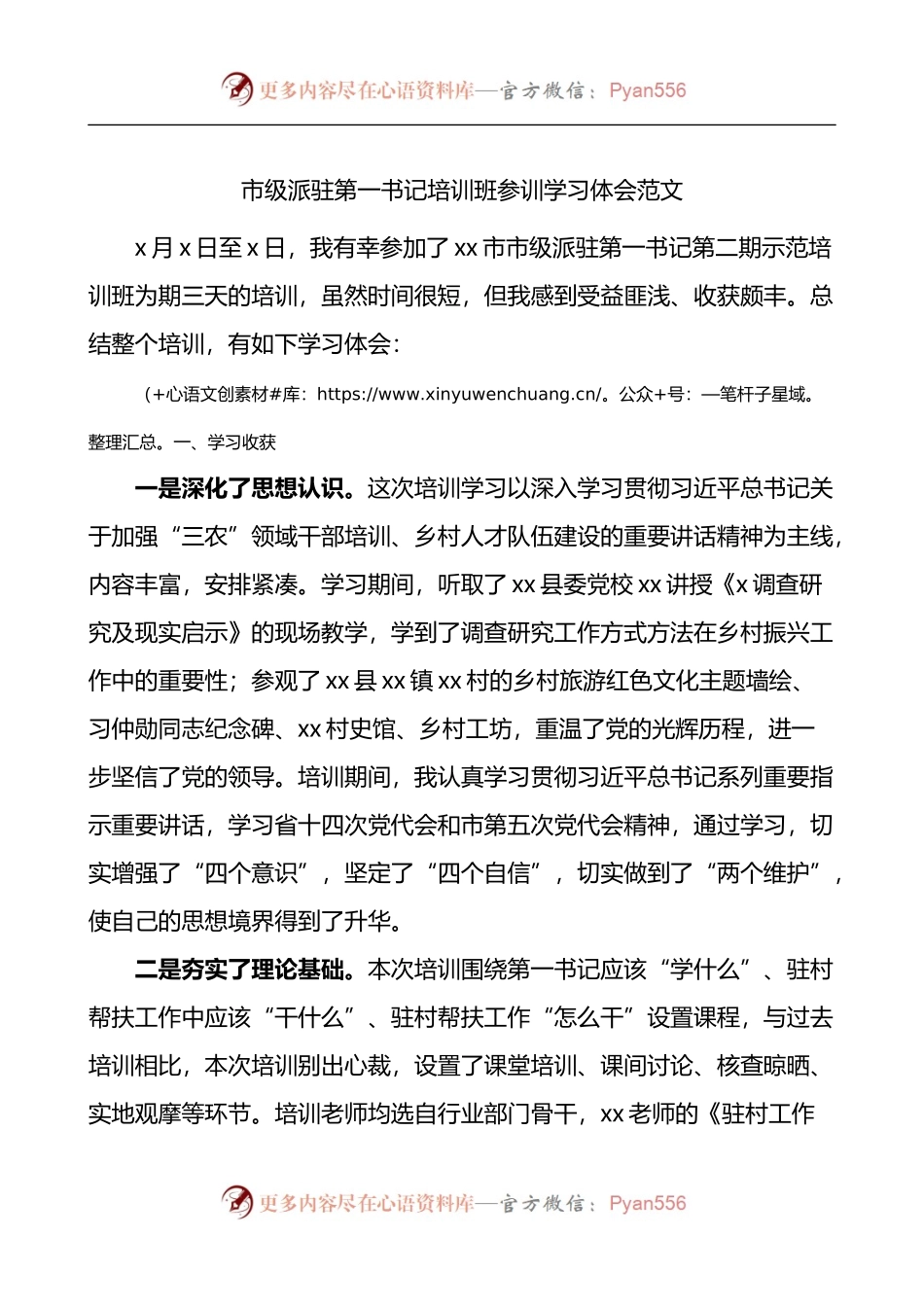 市级派驻第一书记培训班参训学习心得体会.docx_第1页