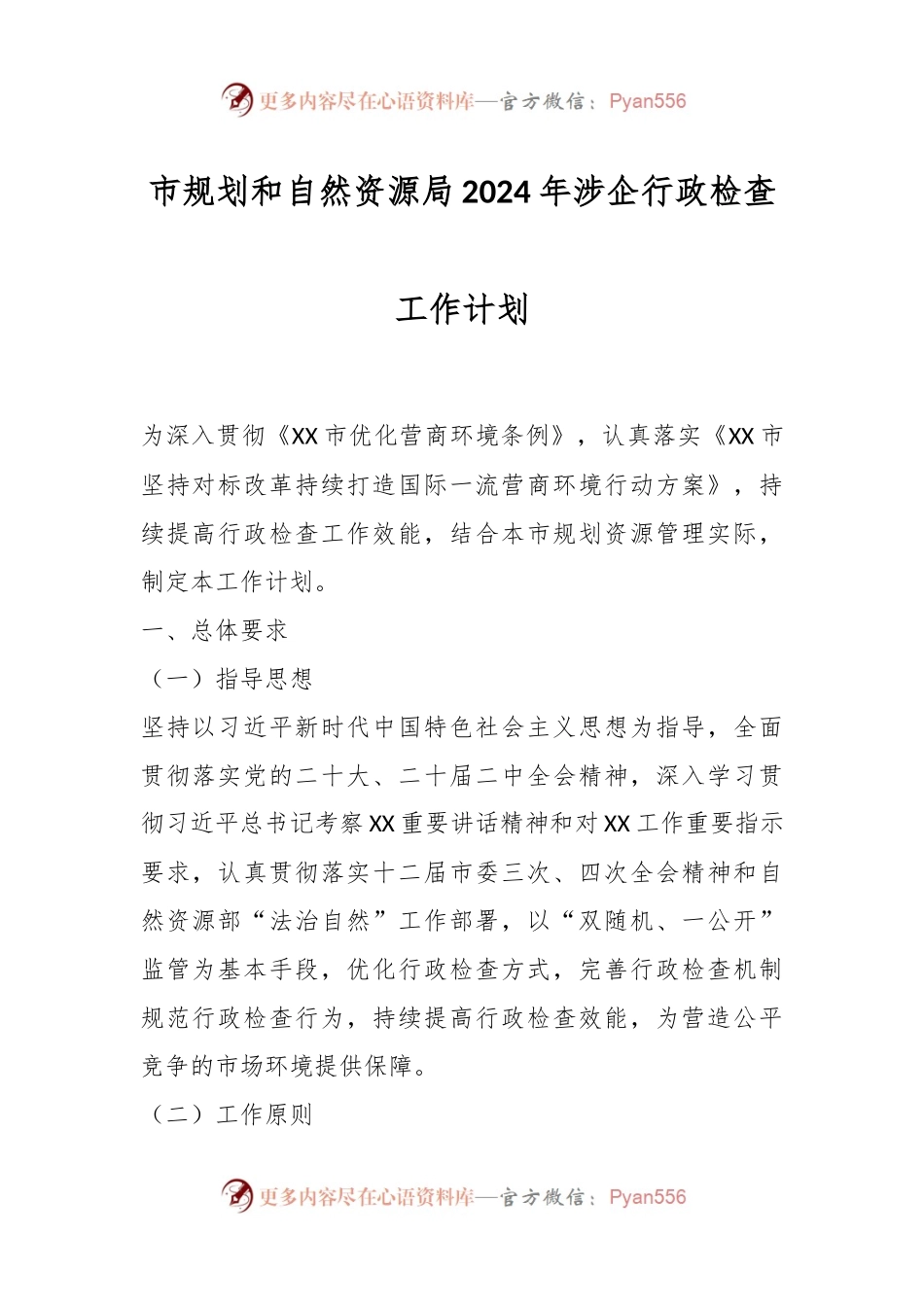 市规划和自然资源局2024年涉企行政检查工作计划.docx_第1页