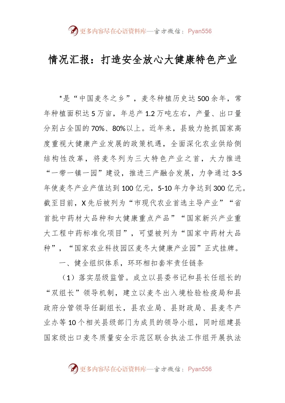 情况汇报：打造安全放心大健康特色产业.docx_第1页