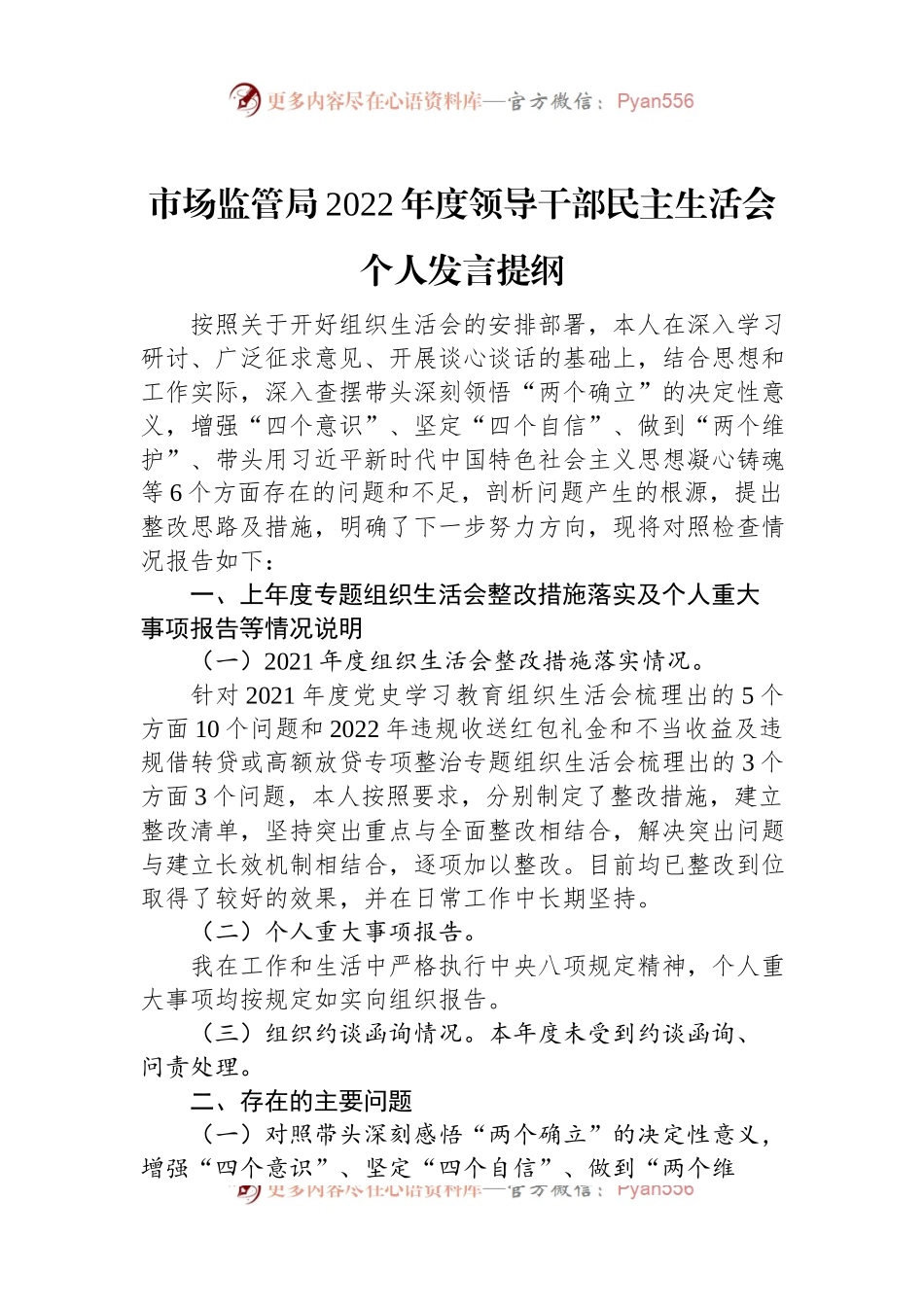 市场监管局2022年度领导干部民主生活会个人发言提纲.docx_第1页