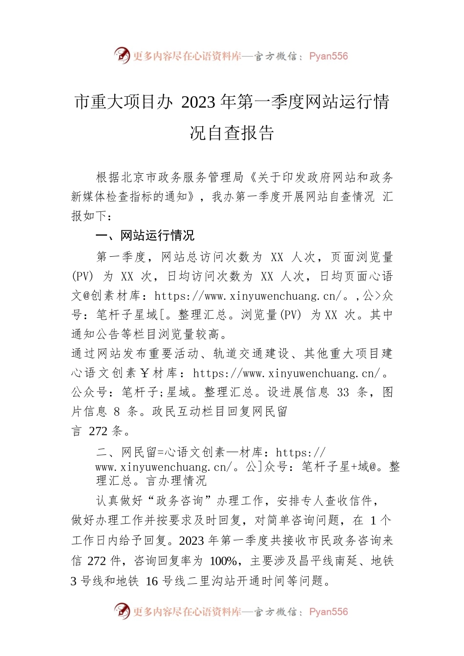 市重大项目办2023年第一季度网站运行情况自查报告（20230308）.docx_第1页