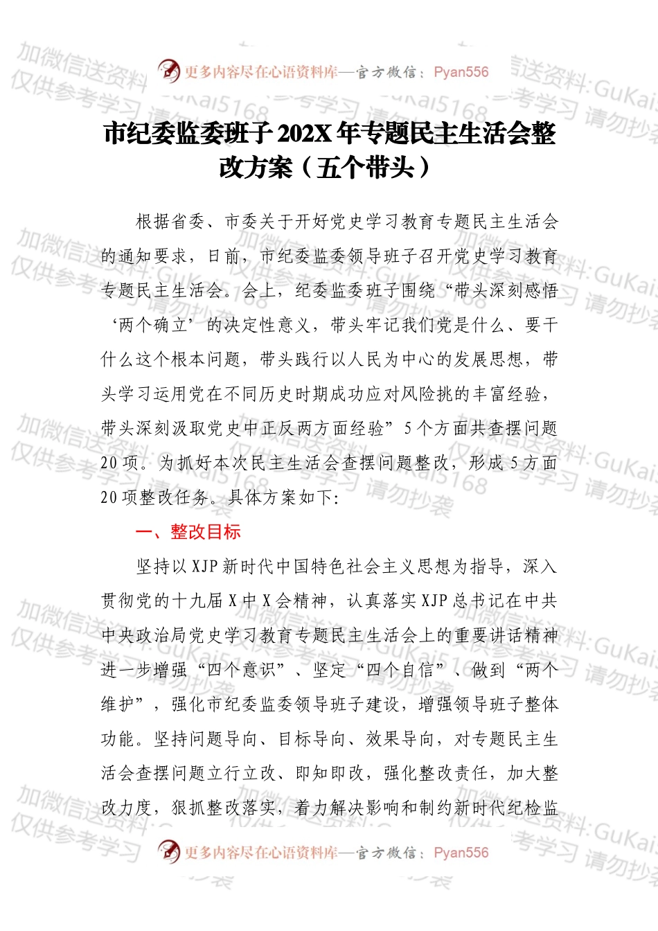 市纪委监委班子202X年专题民主生活会整改方案（五个带头）.docx_第1页