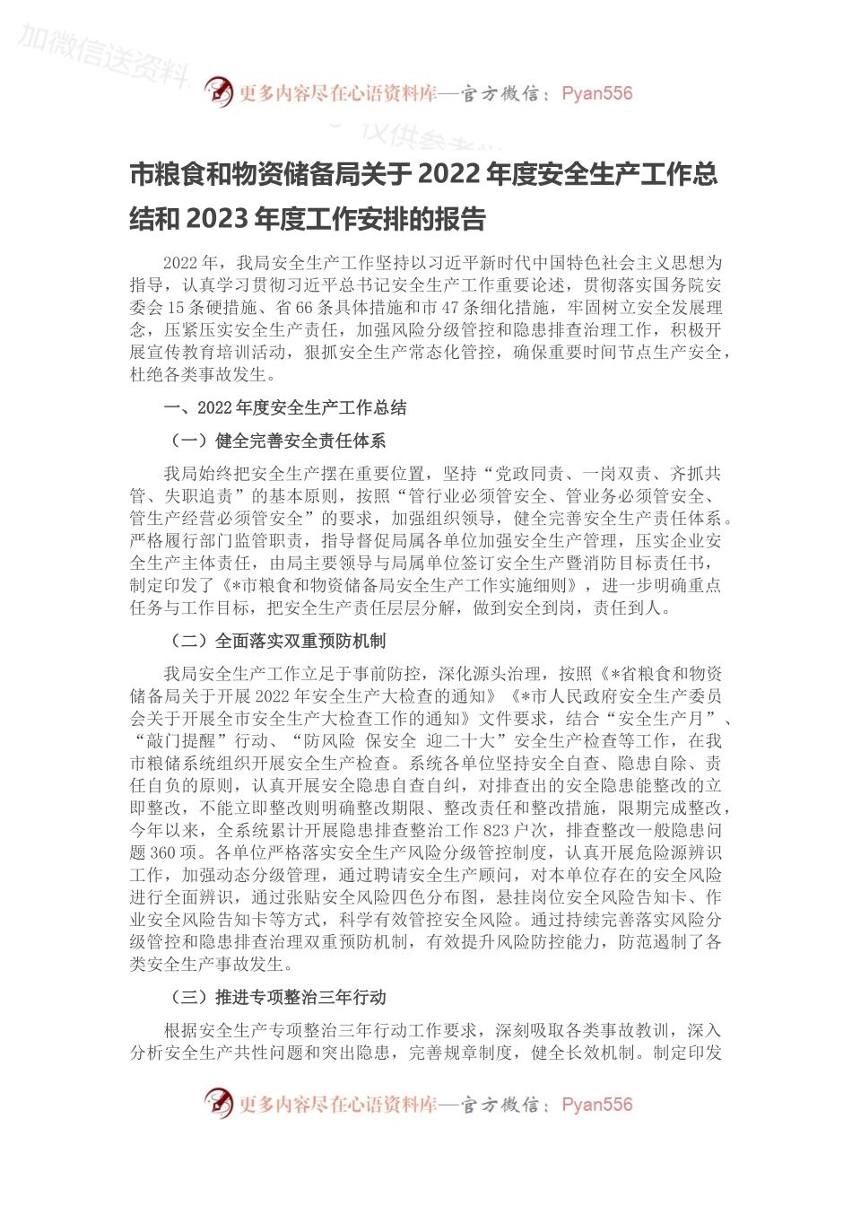 市粮食和物资储备局关于2022年度安全生产工作总结和2023年度工作安排的报告.docx_第1页