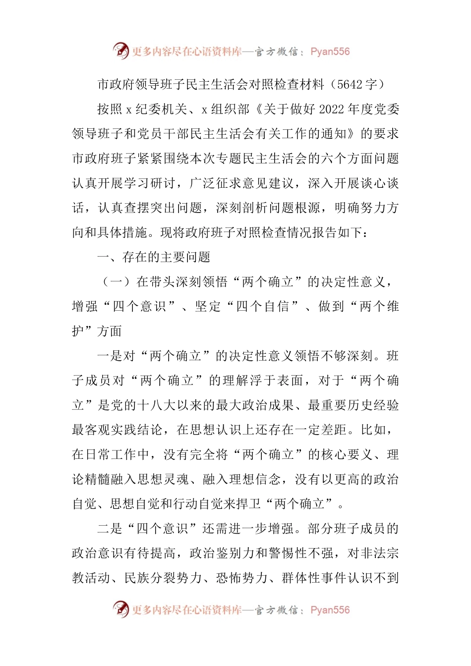 市政府领导班子民主生活会对照检查材料.docx_第1页