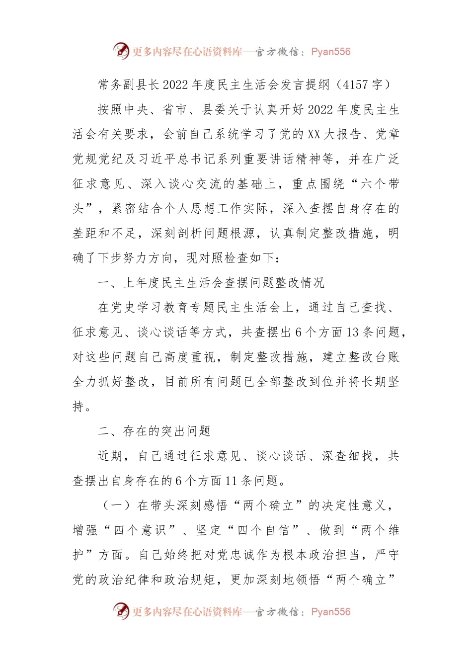 常务副县长2022年度民主生活会发言提纲.docx_第1页