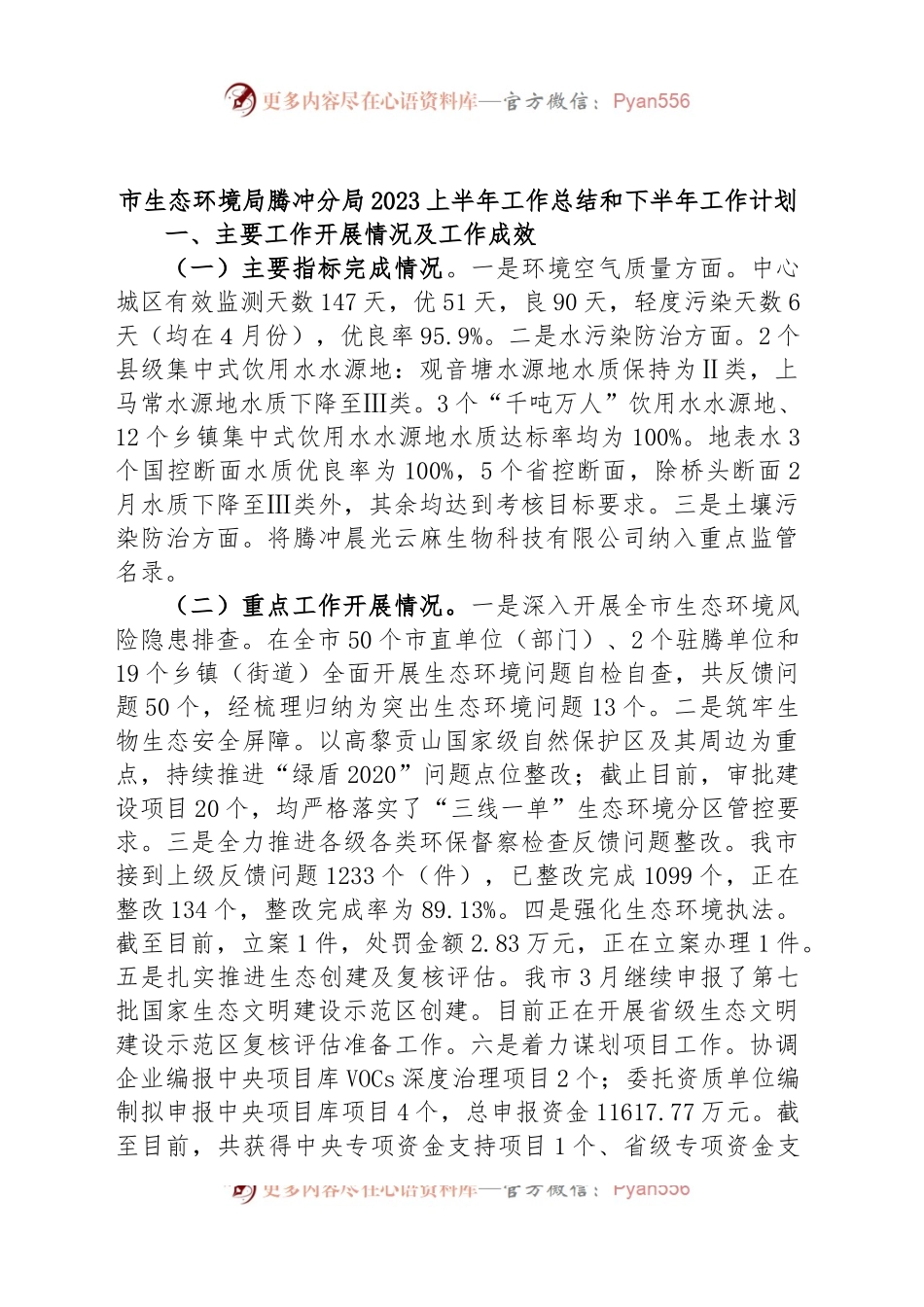 市生态环境局分局2023上半年工作总结和下半年工作计划.docx_第1页