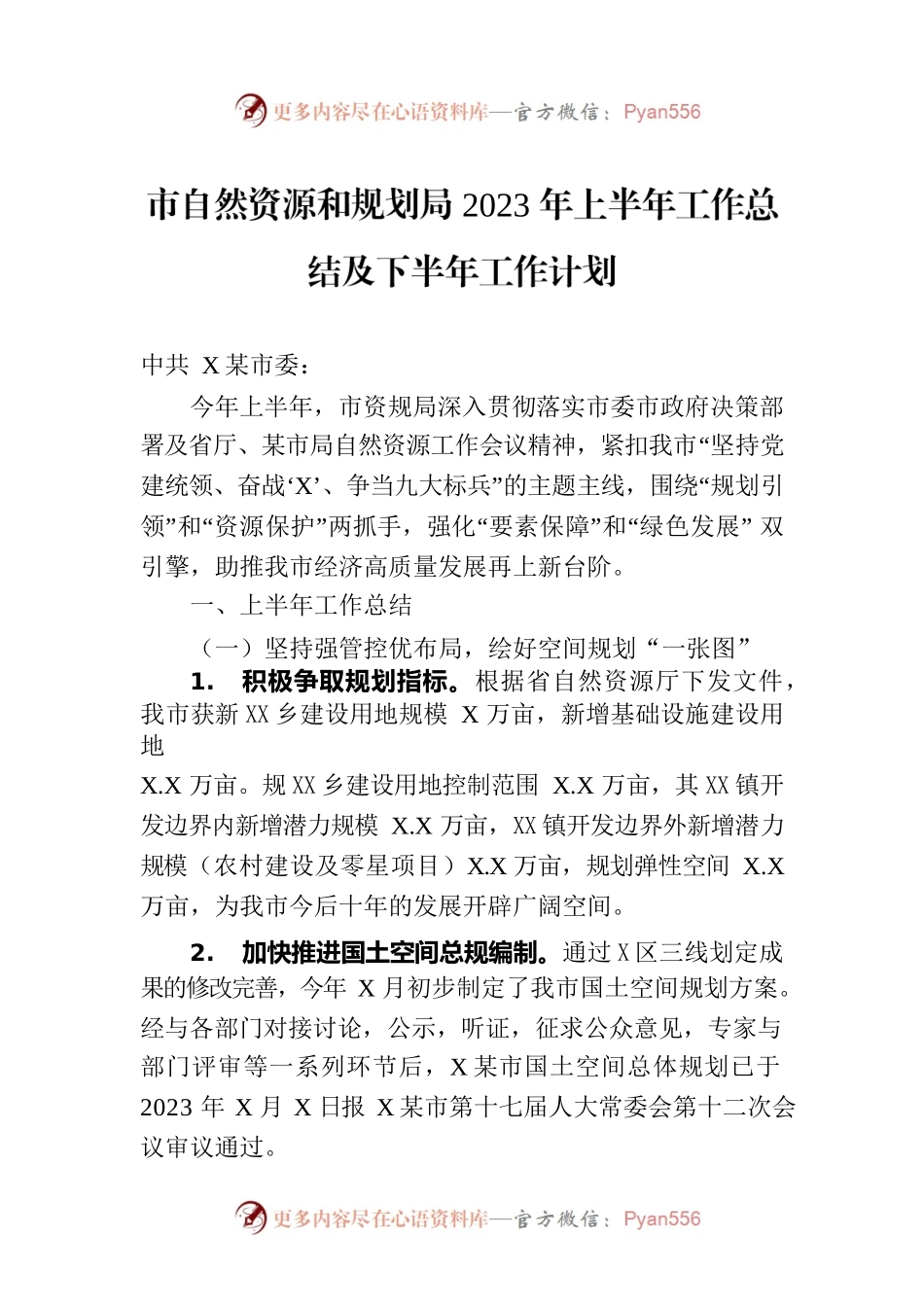 市自然资源和规划局2023年上半年工作总结及下半年工作计划（20230630).docx_第1页