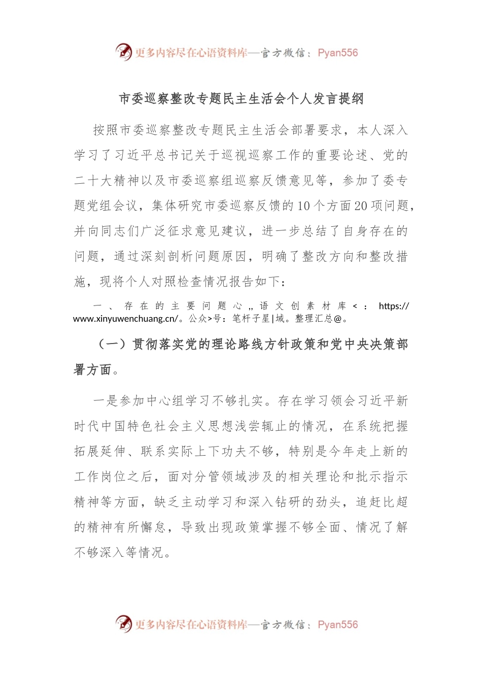 市委巡察整改专题民主生活会个人发言提纲.docx_第1页
