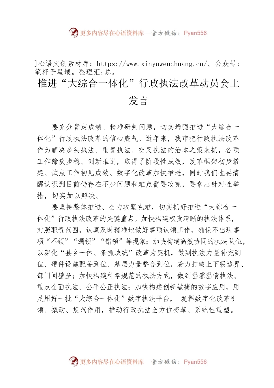 推进“大综合一体化”行政执法改革动员会上发言.docx_第1页