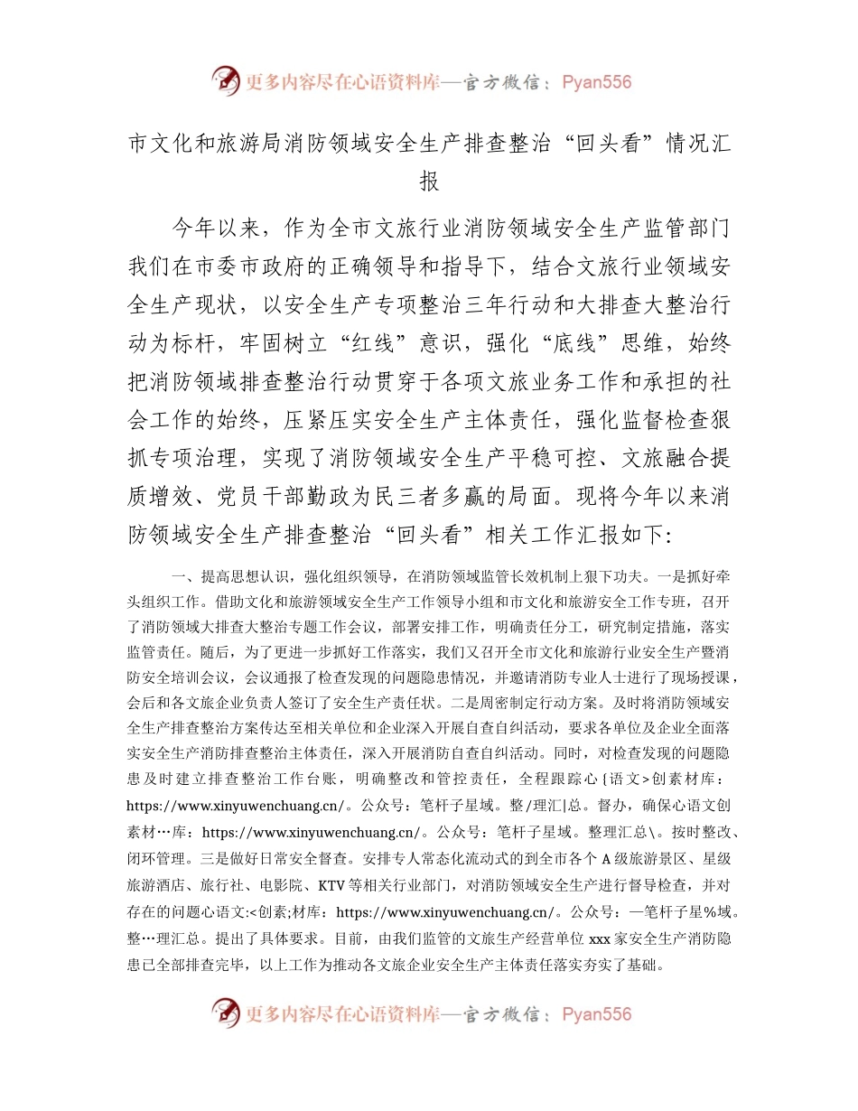 市文旅局消防领域安全生产排查整治“回头看”情况汇报.docx_第1页