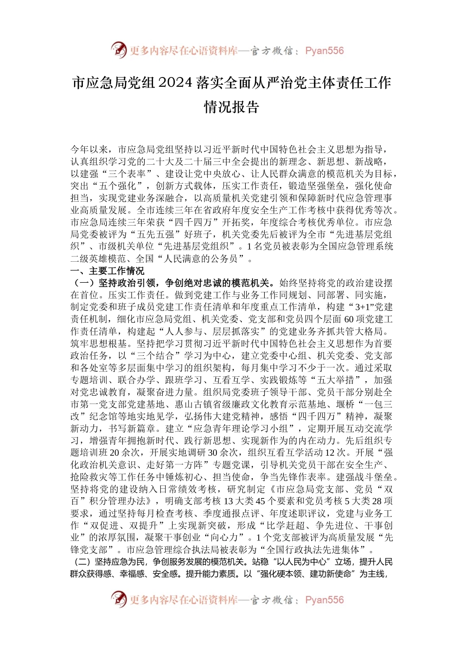 市应急局党组2024落实全面从严治党主体责任工作情况报告.docx_第1页