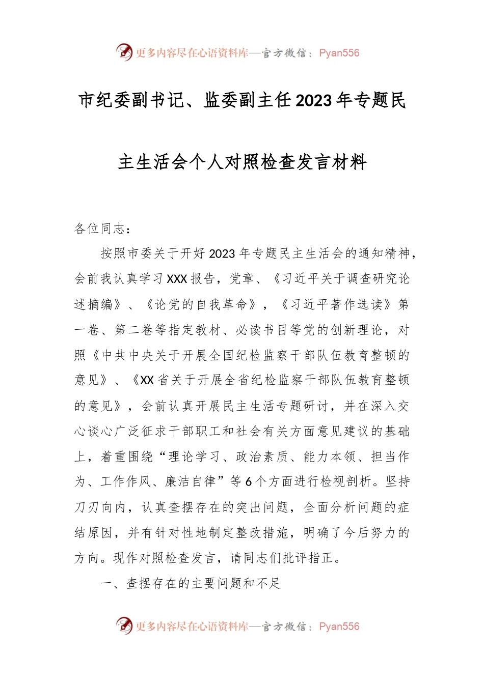 市纪委副书记、监委副主任2023年专题民主生活会个人对照检查发言材料.docx_第1页