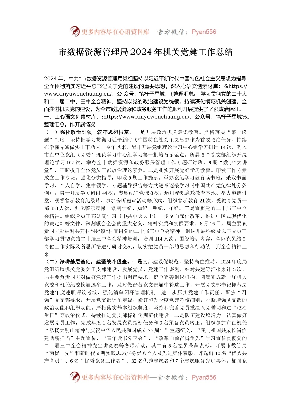 市数据资源管理局2024年机关党建工作总结.docx_第1页