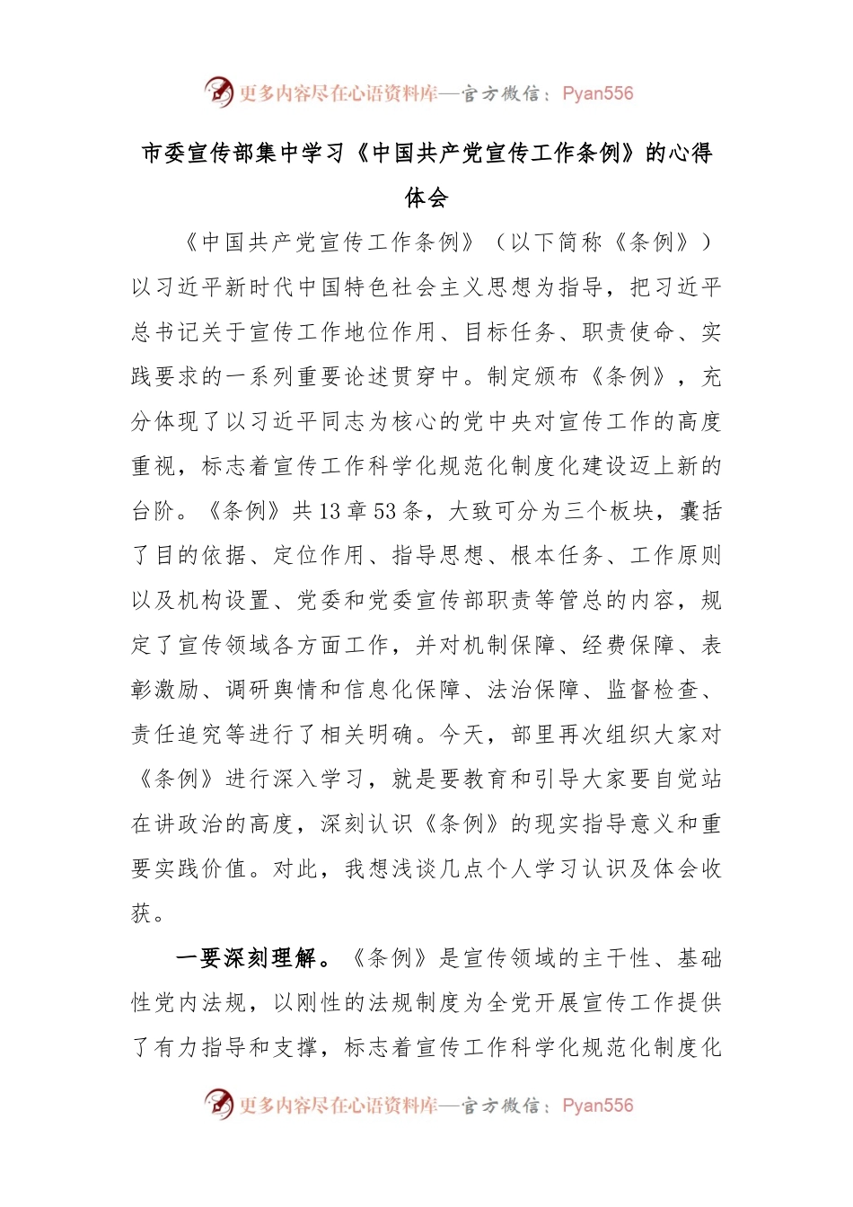 市委宣传部集中学习《中国共产党宣传工作条例》的心得体会.docx_第1页