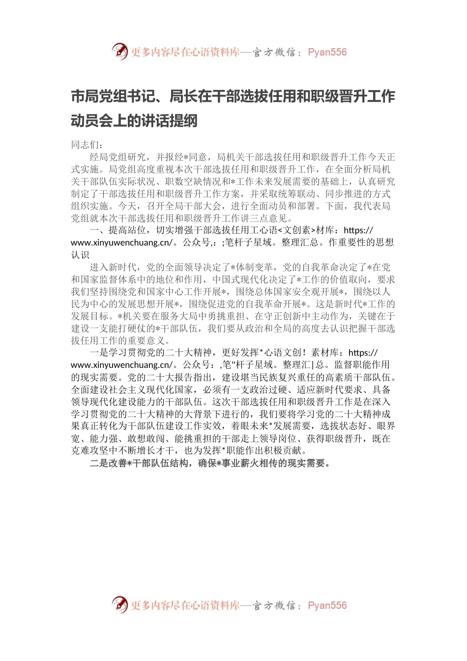 市局党组书记、局长在干部选拔任用和职级晋升工作动员会上的讲话提纲.docx_第1页