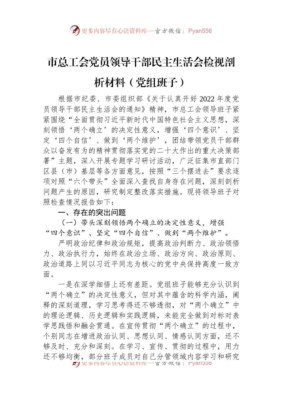 市总工会党员领导干部民主生活会检视剖析材料（党组班子）.docx_第1页