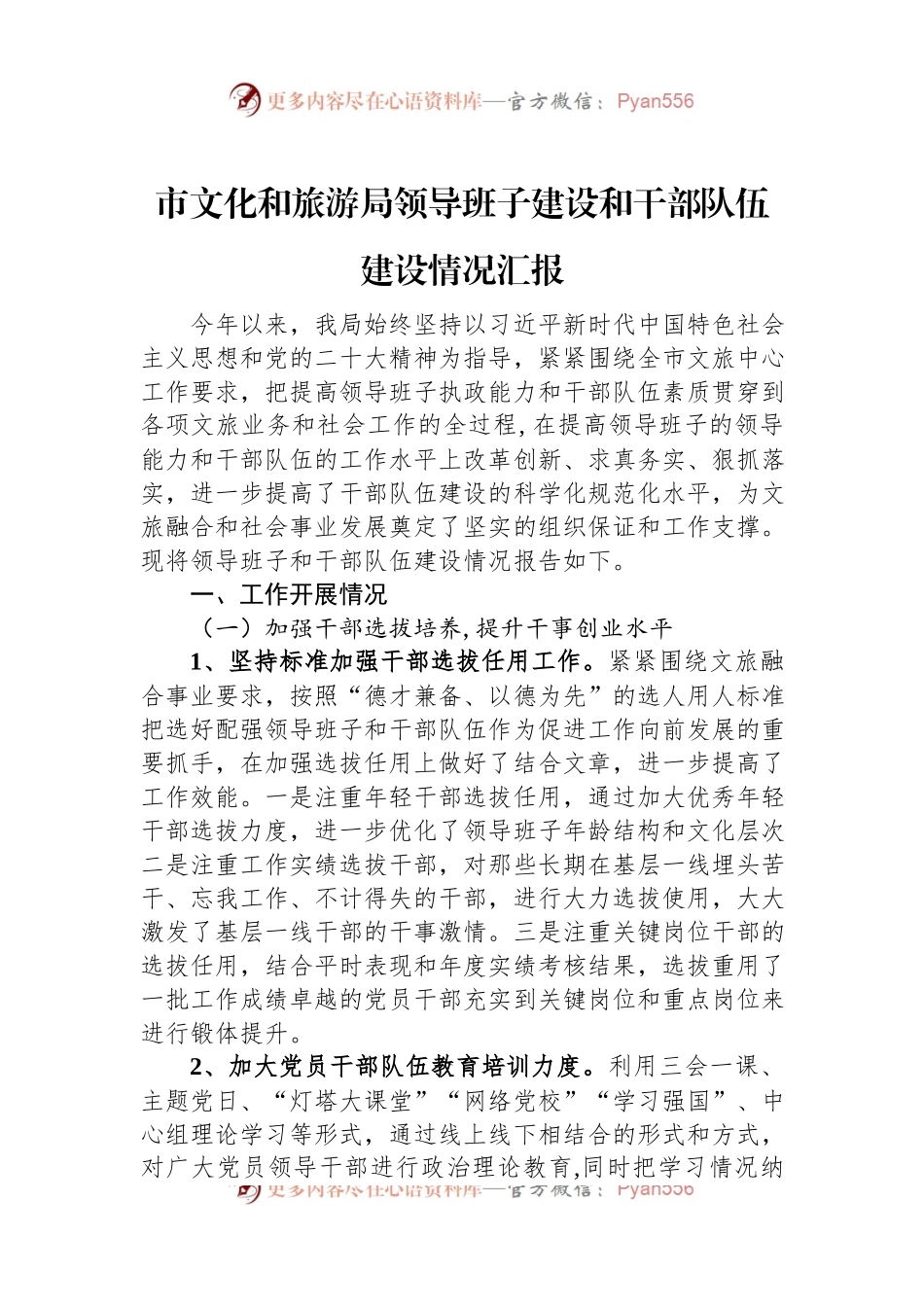 市文化和旅游局领导班子建设和干部队伍建设情况汇报.docx_第1页