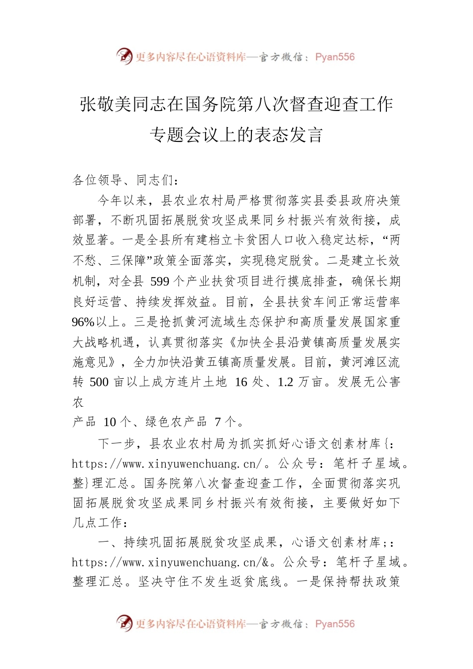 张敬美同志在国务院第八次督查迎查工作专题会议上的表态发言.docx_第1页