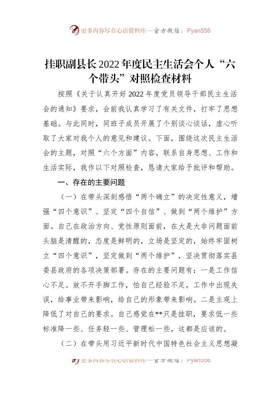 挂职副县长2022年度民主生活会个人“六个带头”对照检查材料.docx_第1页
