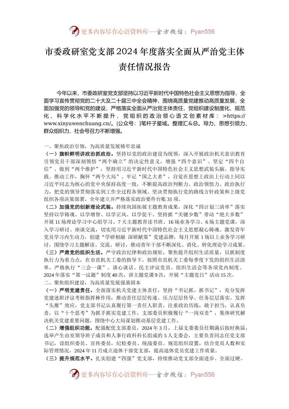 市委政研室党支部2024年度落实全面从严治党主体责任情况报告.docx_第1页